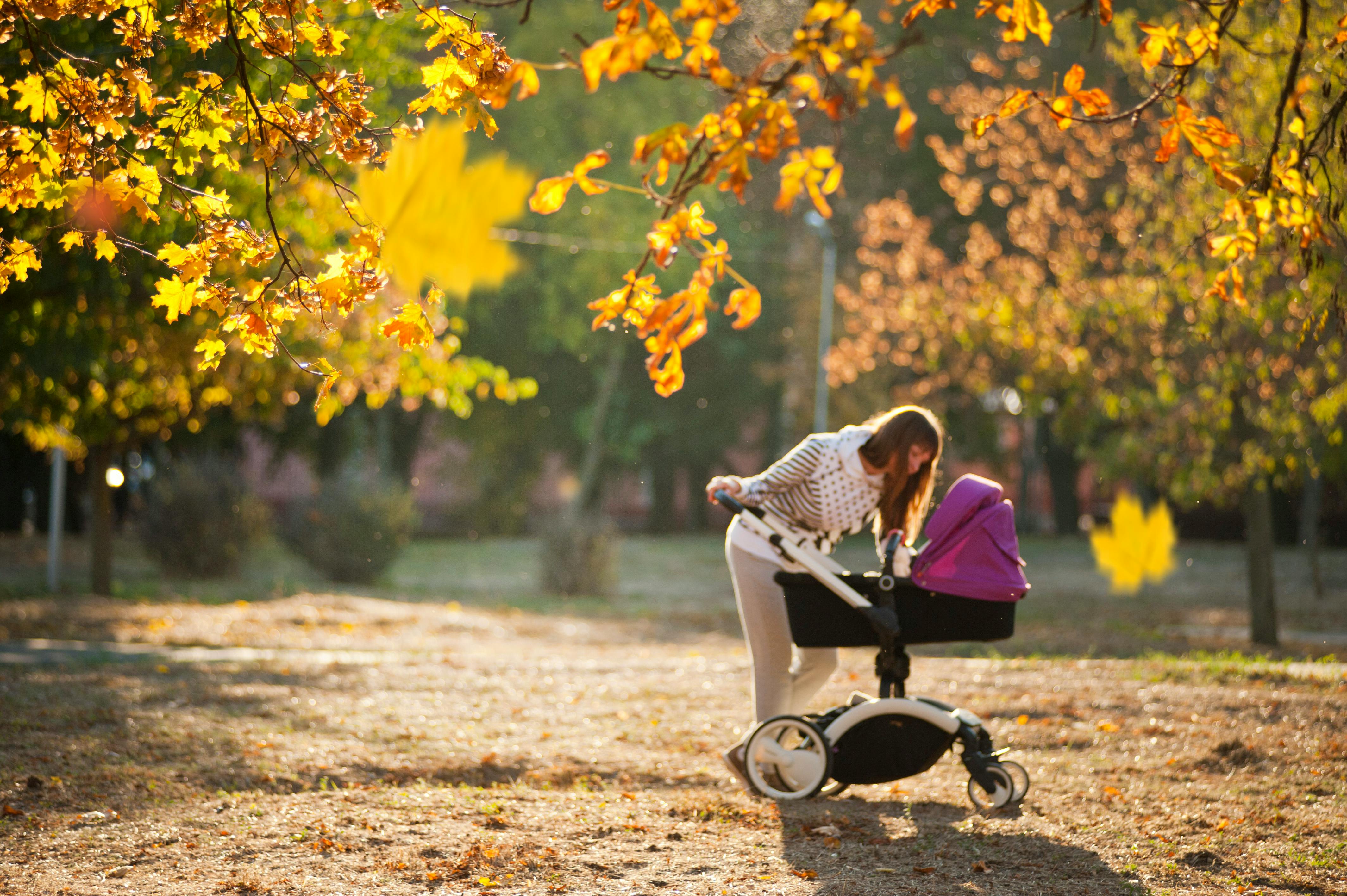 A woman looking into a stroller in a park in autumn