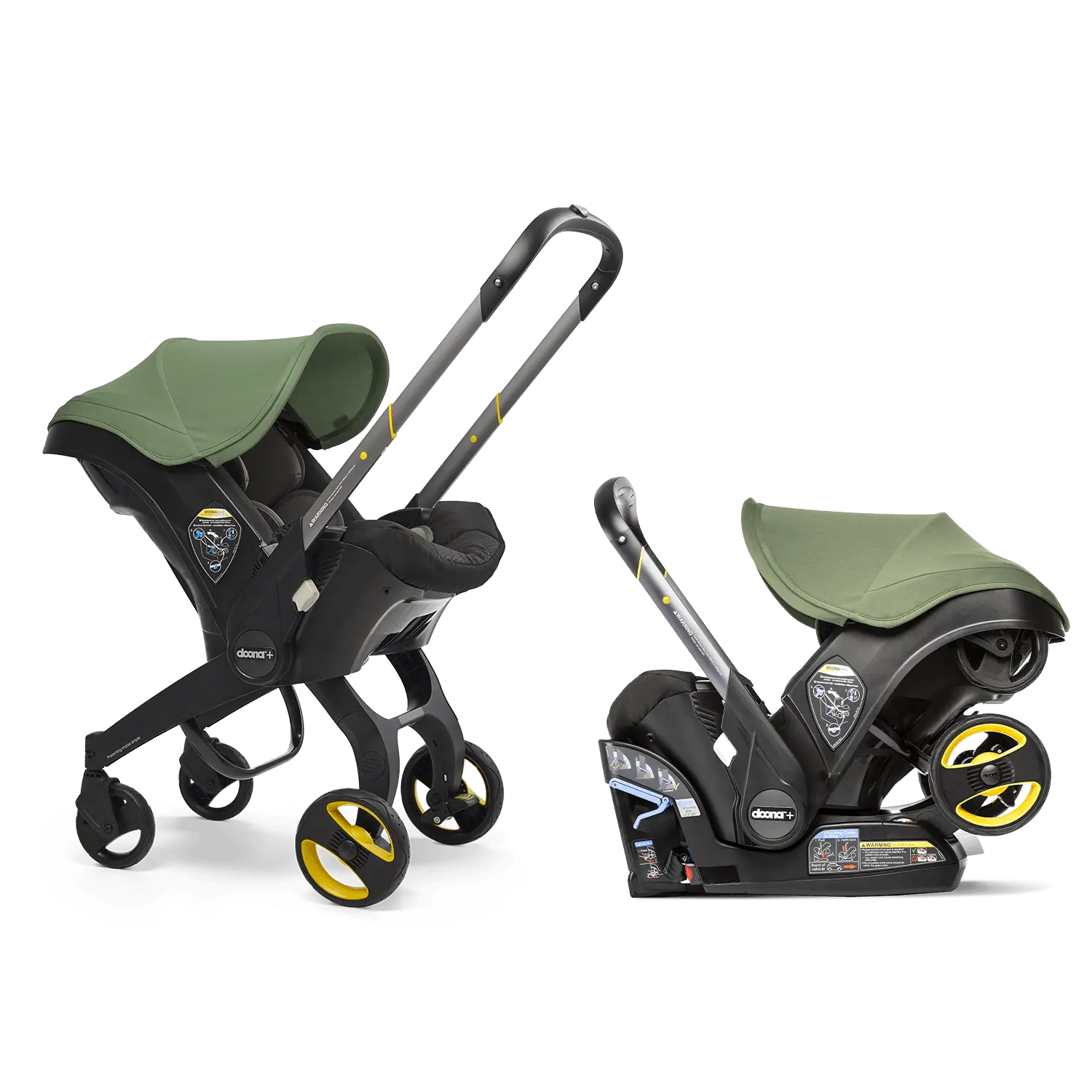 A Doona car seat that converts into a stroller, in olive green