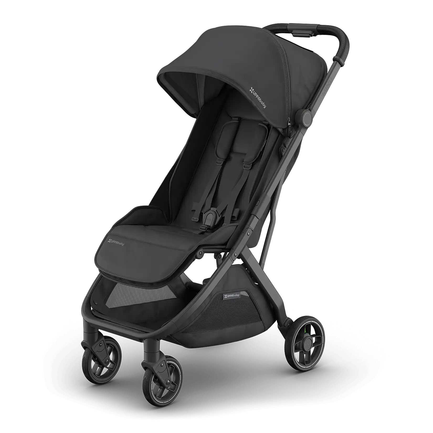 A black compact travel stroller (UPPAbaby Minu)