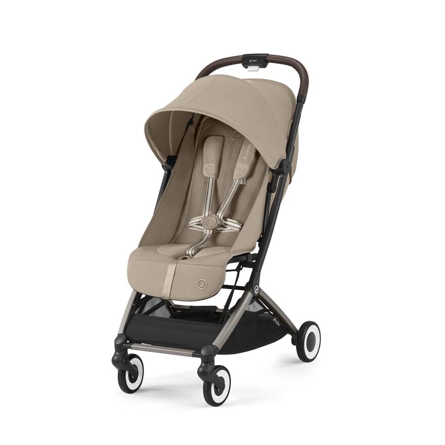 A beige compact stroller (Orfeo)