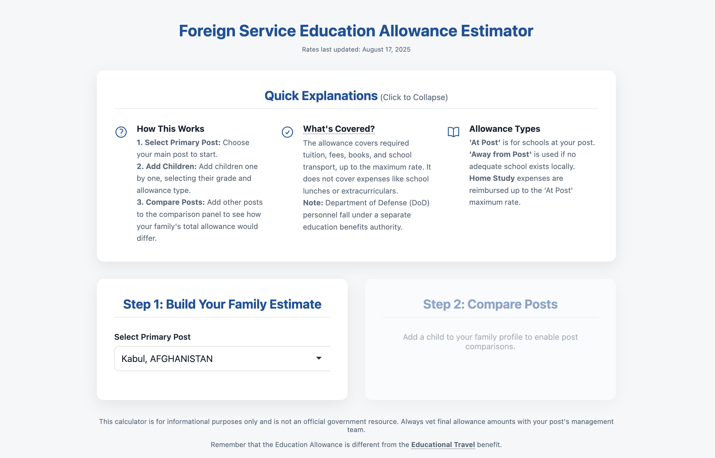 Screenshot of the myFSpal Education Allowance Estimator